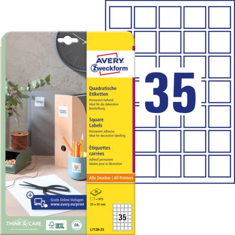 Etichette adesive Avery in carta bianca coprente per stampa QR code 35 et/foglio 35x35 mm -conf. 25 fogli L7120-25